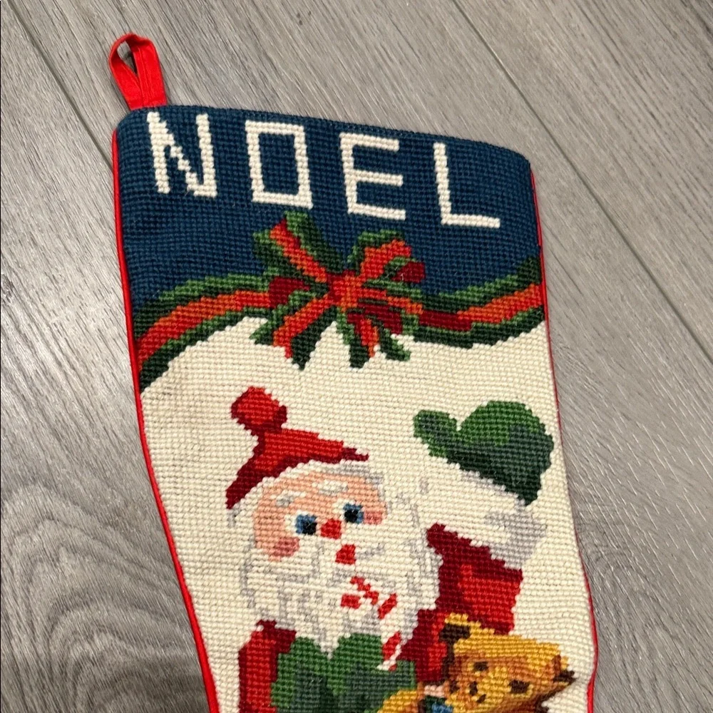 Vintage Noel Hand Cross Stitched Stocking with Santa and Gifts